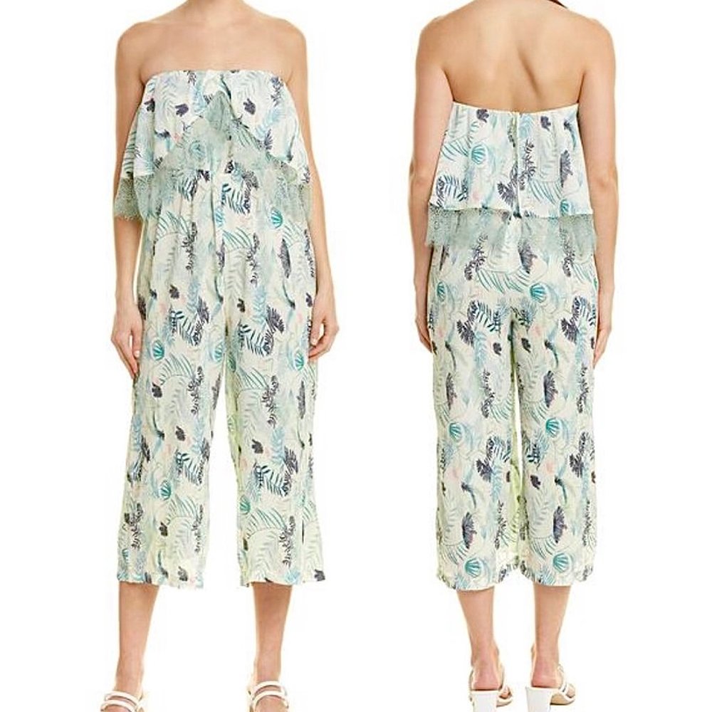 New Foxiedox Lace Ruffle Printed Cropped Strapless Jumpsuit Green Petite Size XS